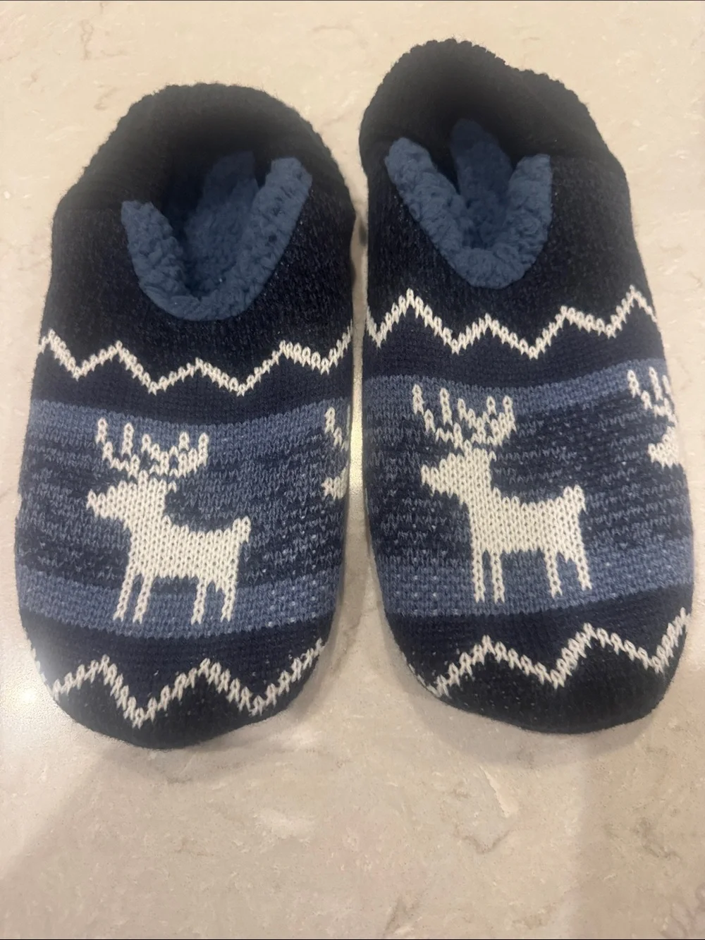 Men's (Size XL) Navy Blue Reindeer fleece Lined Slipper Socks